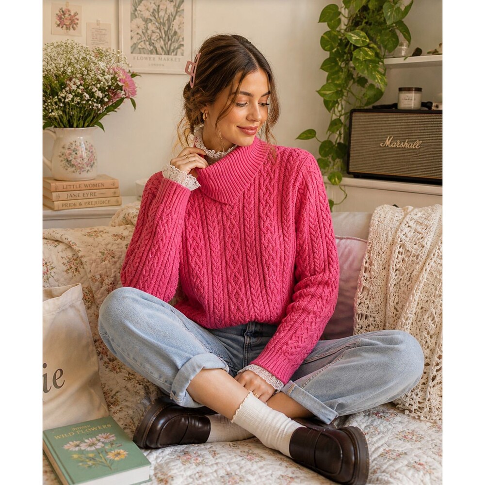 Vintage Pink Peach Cable Knit Winter Sweater WMNS L Grannycore Warm Cozy Modest
